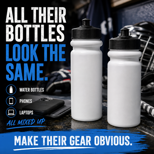 Personalized hockey player sticker applied to water bottles showing custom name and number, perfect for identifying gear at the rink