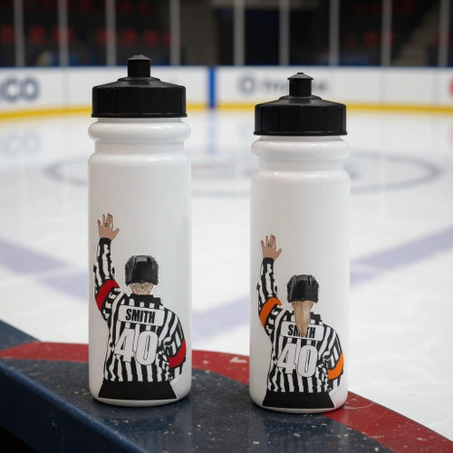 Stinky Lockers Personalized Hockey Official Water Bottle Sticker, image of two white water bottles with referee design on a hockey rink surface.