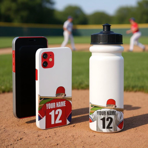 Stinky Lockers Personalized Baseball Sticker for Water Bottle | Cell Phone | Laptop, baseball-themed sticker on a water bottle and smartphone, with a baseball game in the background.