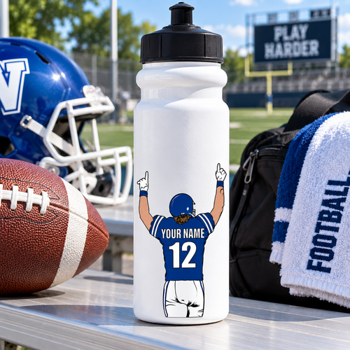 Personalized football player sticker applied to white sports water bottle for custom team gear identification