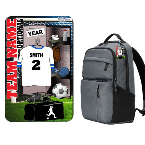 Stinky Lockers Personalized Soccer Bag Tags, soccer theme bag tag with customizable player information, attached to a gray backpack.