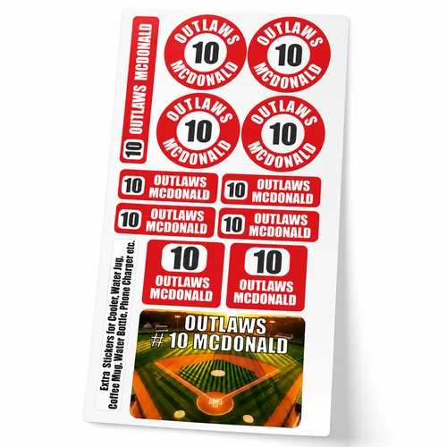 Stinky Lockers Grand Slam ID Pack, personalized gear stickers for bat, helmet, and bottle on a baseball field.
