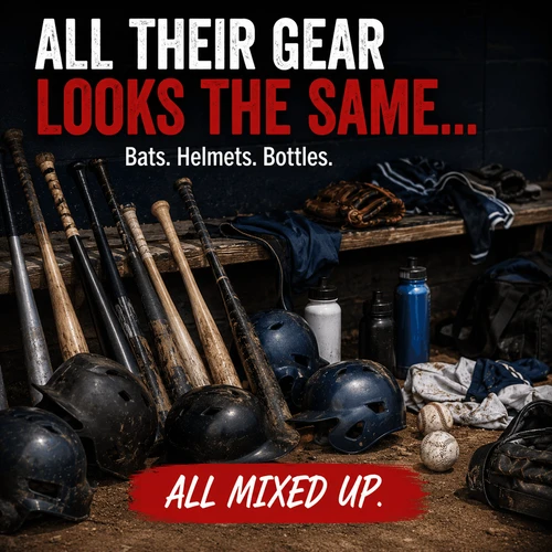 Stinky Lockers Grand Slam ID Pack, personalized gear stickers for baseball bat, helmet, and water bottle with baseball helmets, bats, helmets, water bottles, and baseballs in a dugout setting.