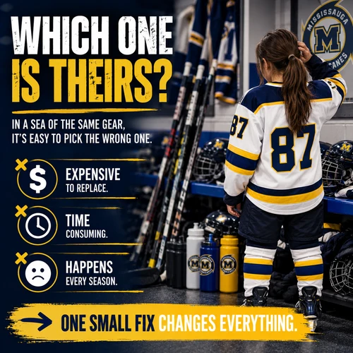 Young female Mississauga Hurricanes hockey player with long brown ponytail wearing a white, navy and gold jersey in a crowded hockey dressing room. Personalized hockey equipment stickers help identify sticks, helmets and water bottles.