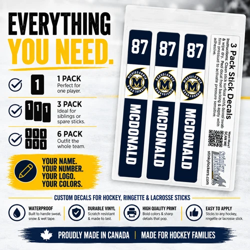 Stinky Lockers Mississauga Hurricanes Personalized Hockey Stick Decals – 3 Pack, three navy and white hockey stick decals personalized with the name McDonald, number 87, and Mississauga Hurricanes logos, shown with waterproof, durable vinyl and easy-application features.