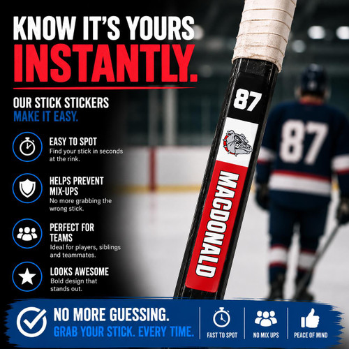 Stinky Lockers 3 Pack of Stick Decal-OTO, hockey scoreboard sticker on hockey stick at rink with ice hockey players in background.