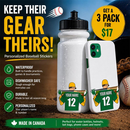 Stinky Lockers Personalized Youth Baseball Sticker, sports-themed customizable sticker featuring a young baseball player holding a green jersey with 'YOUR NAME' and '12' on it, designed for water bottles, helmets, and phone cases.