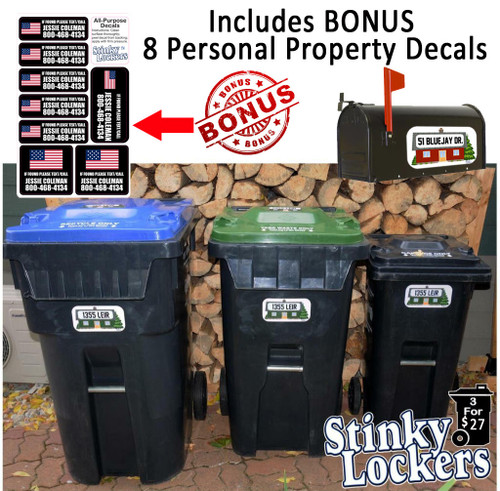 Set of 3 Curbside Bin or Mailbox Decal -Includes Bonus Set of 8 All-Purpose Decal Pack