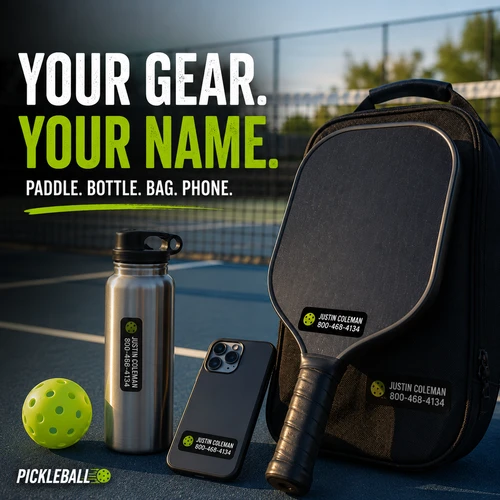 Stinky Lockers Personalized Pickleball Paddle Waterproof Decal Pack, two pickleball paddles with custom stickers for easy identification at a tennis court.