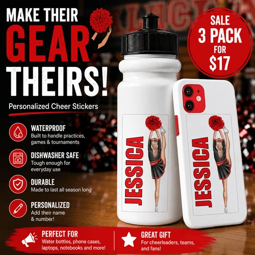 Stinky Lockers Personalized Cheer Stickers Water Bottle Cell Phone Laptop with cheerleader design, featuring a girl holding red pom-poms, customizable with name and number.