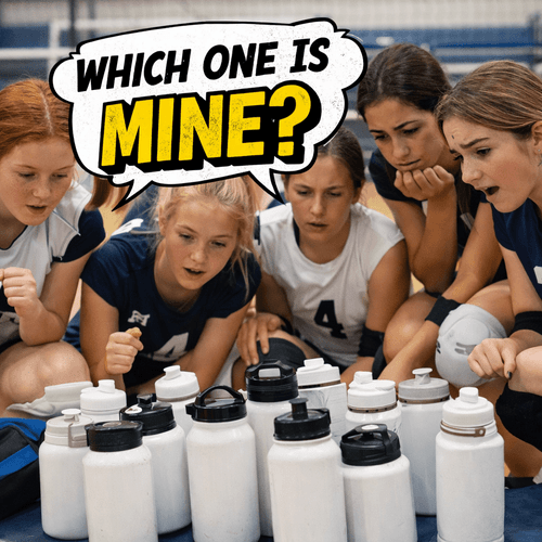 Stinky Lockers Personalized Female Volleyball Sticker, a fun and colorful sticker featuring the question 'Which one is mine?' with a playful design, ideal for decorating volleyball gear and lockers.