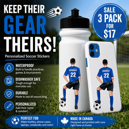 Stinky Lockers Personalized Male Soccer Sticker, a custom sticker featuring a soccer player in green uniform with the name Harper and the number 7, applied on a water bottle on a park bench surrounded by soccer gear and players.