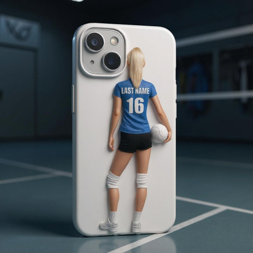 Stinky Lockers Personalized Volleyball iPhone Soft Case, phone case featuring an image of a female volleyball player with her back facing, holding a volleyball, on a sports court.