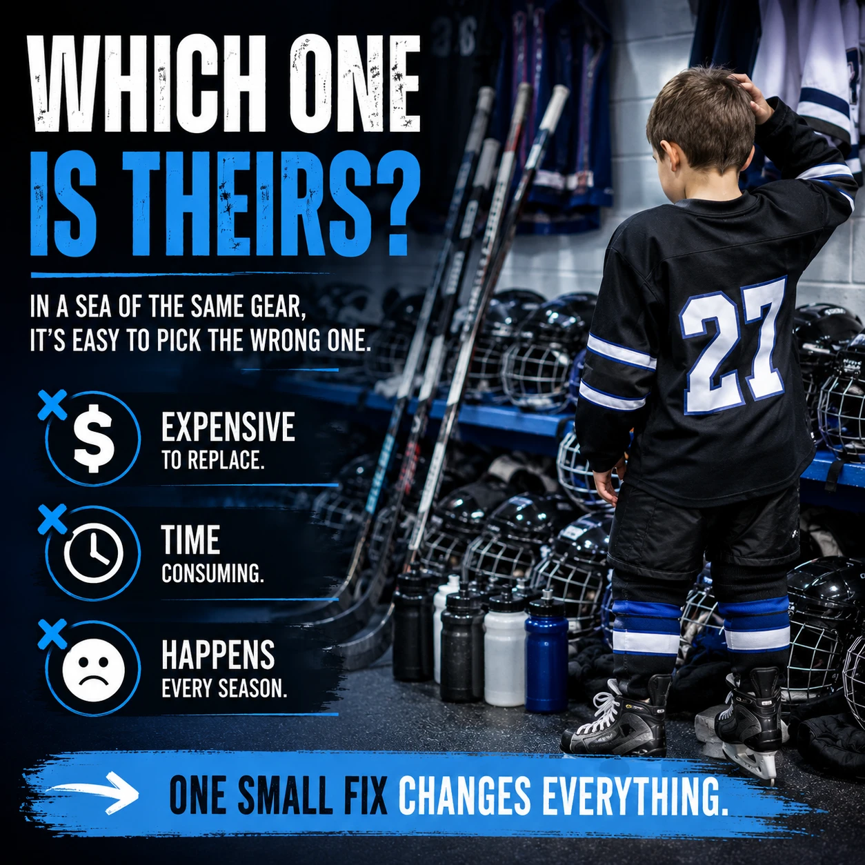Young hockey player trying to identify their stick among identical hockey equipment