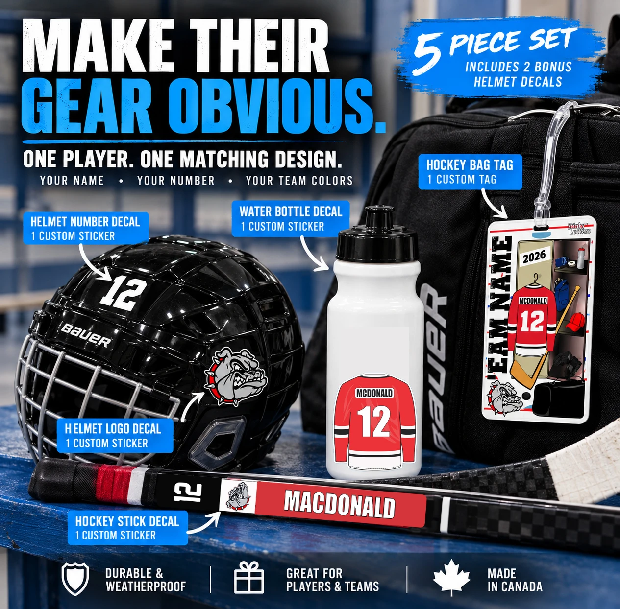 Personalized hockey gear combo with custom bag tag, hockey stick decal, water bottle decal and two bonus helmet decals