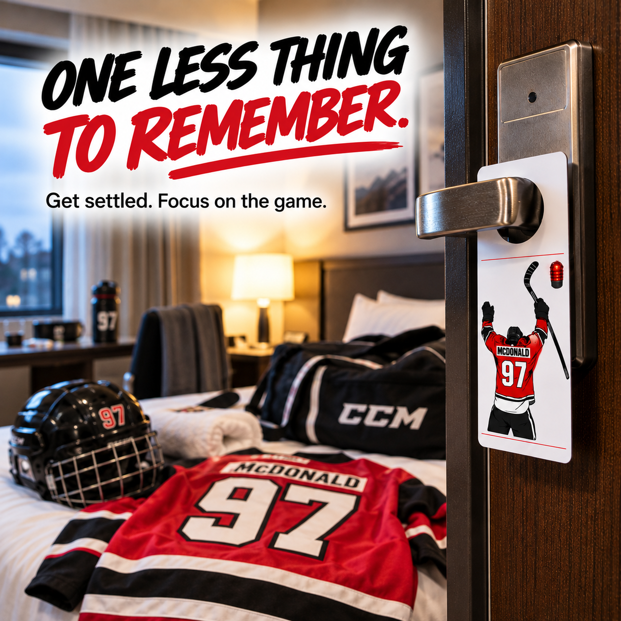 Personalized hockey tournament hotel door hanger