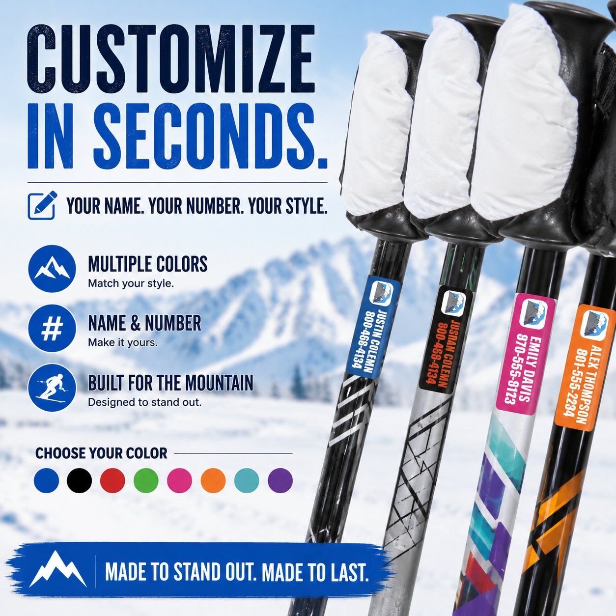 Personalized ski sticker sheet with custom name and phone number labels for skis, poles, helmets and water bottles