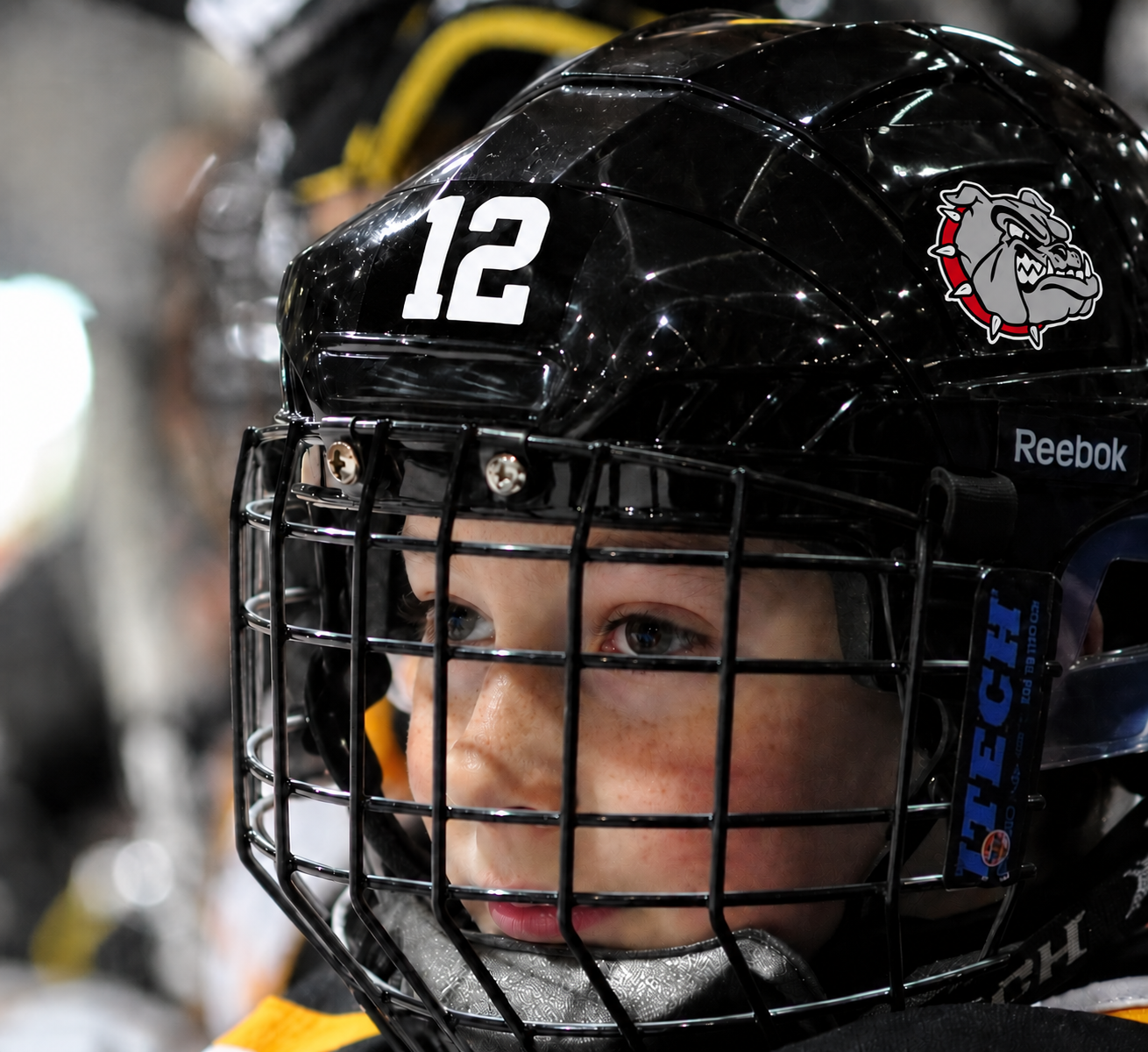 Personalized hockey helmet with custom player number and team logo decals