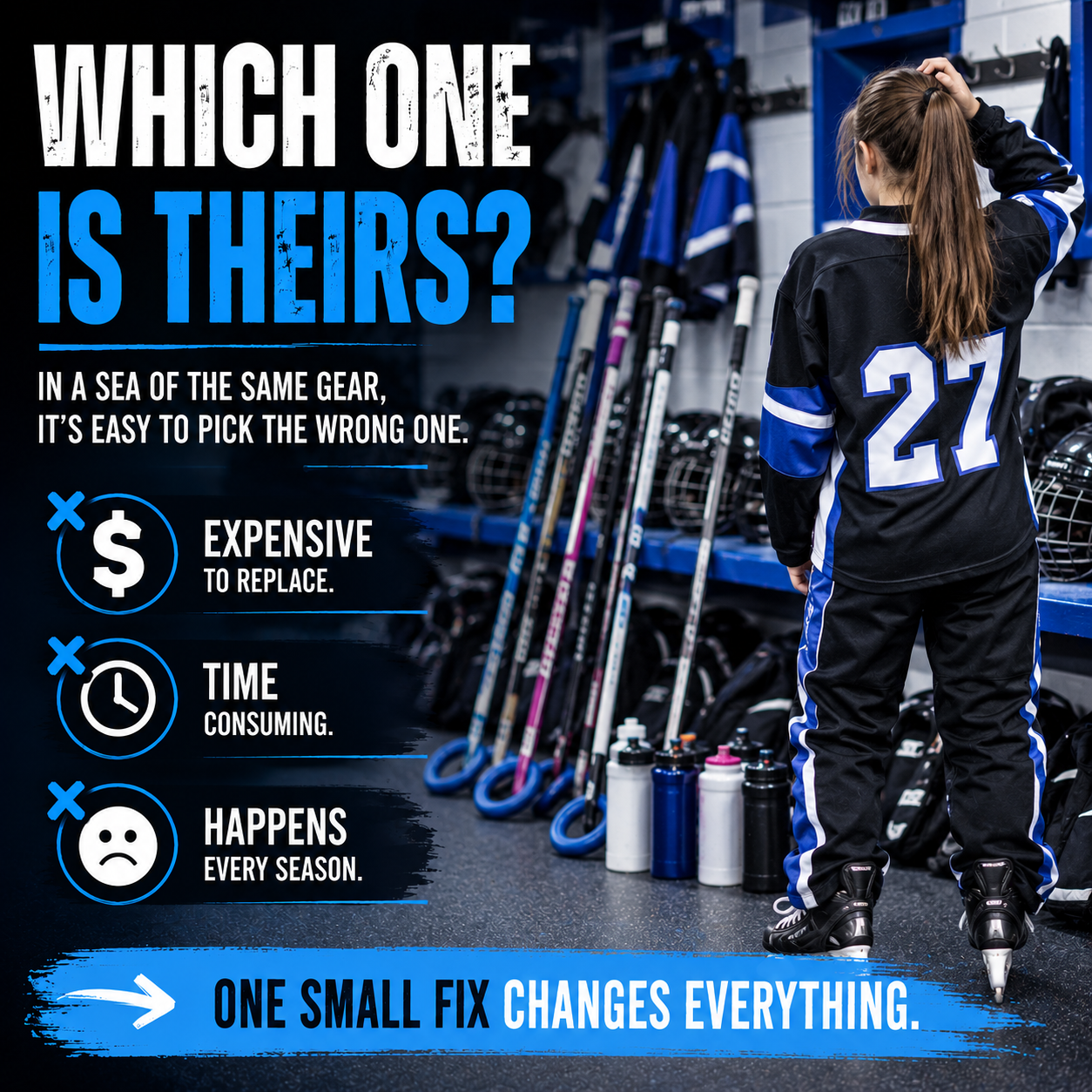 Young ringette player identifying their stick among similar ringette equipment