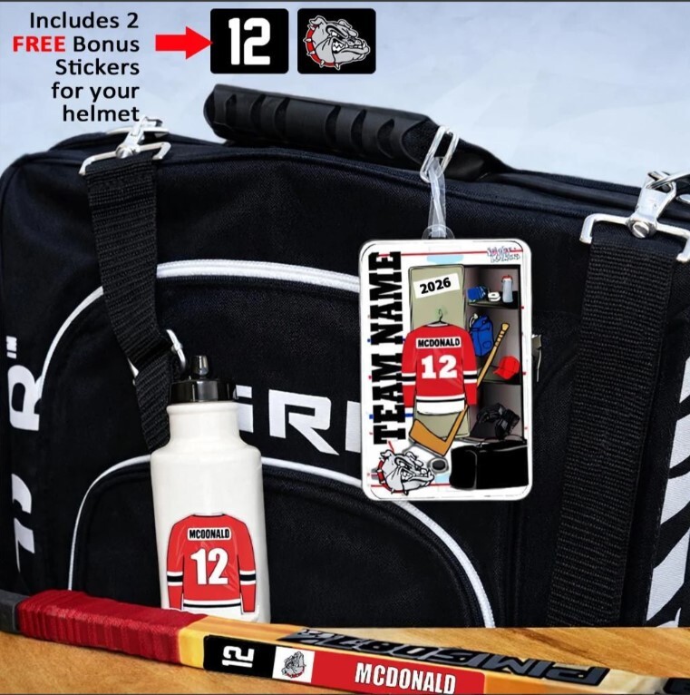 Personalized hockey gear combo with custom hockey bag tag and water bottle decal