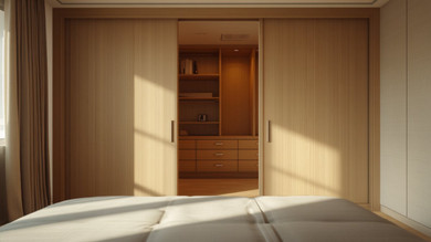 A walk-in wardrobe in an HDB master bedroom — Japandi in 8 square metres