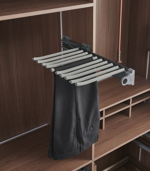 Side-mounted pull-out pants rack extended laterally — Arimokko Shuno Singapore wardrobe