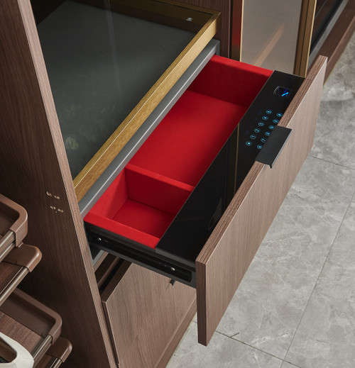 Built-in drawer safe box open showing red felt interior — Arimokko Shuno concealed wardrobe vault Singapore