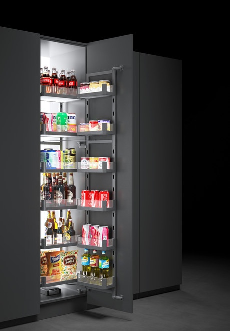 Pull-out swivel pantry basket with glass shelves for kitchen tall unit — Arimokko Singapore custom carpentry
