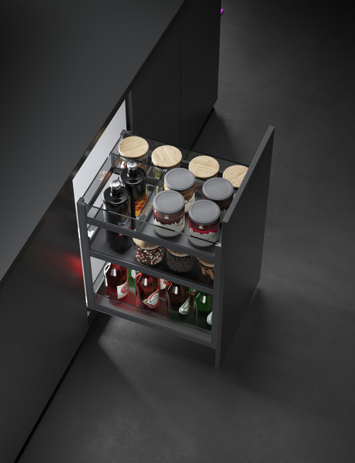 Soft-close pull-out condiment organiser installed in bottom kitchen cabinet — Arimokko Singapore kitchen hardware