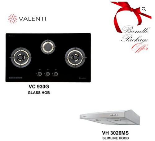 Cocco glass-top cooker package bundle hero shot showing VC 930G 90cm tempered glass 3-burner gas hob with matching cooker hood — Arimokko Singapore