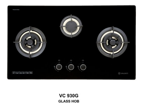 Cocco VC 930G 90cm tempered glass top 3-burner gas hob top view showing black glass surface and burner layout — Arimokko Singapore modern kitchen appliance
