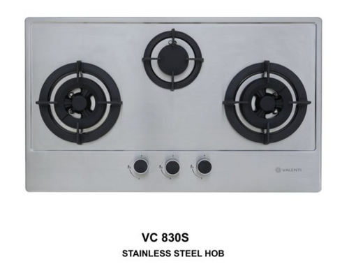 Cocco VC 830S stainless steel 80cm built-in gas hob top view showing brushed stainless surface and 3 burner layout — Arimokko Singapore kitchen appliance