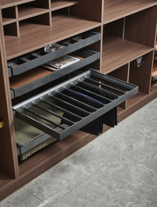 Drawer-style pull-out trousers rack with horizontal rods — Arimokko Shuno Singapore