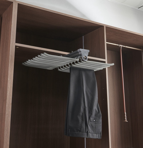 Two-row pull-out pants rack extended showing trousers — Arimokko Shuno Singapore wardrobe