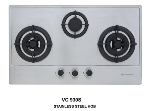 Cocco VC 930S stainless steel built-in gas hob top view showing brushed stainless surface and 3 burner layout — Arimokko Singapore kitchen appliance