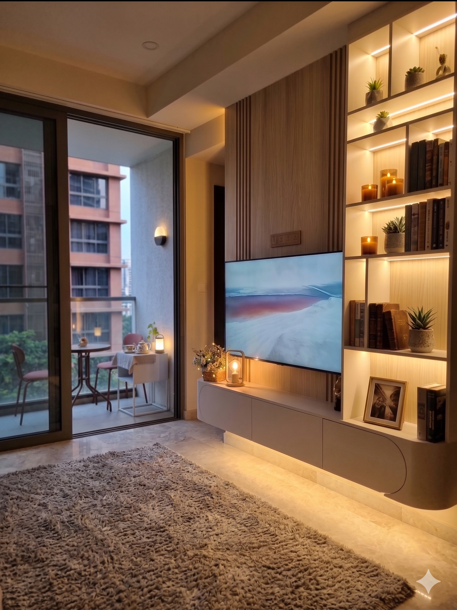 Arimokko Bespoke Suite installation at Paya Lebar Quarter Singapore — feature TV wall with illuminated display shelving, integrated lighting, and warm timber panelling