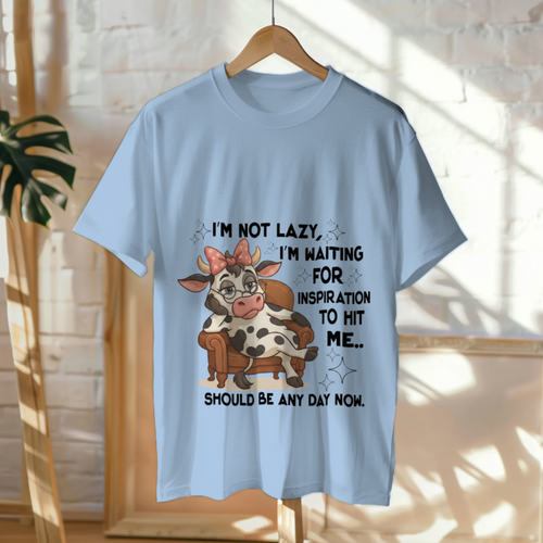 Funny Cow T-Shirt – “I’m Not Lazy, I’m Waiting for Inspiration” Cute Graphic Humor Tee – Unisex Casual Gift