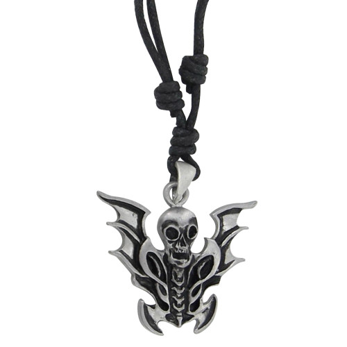 Flying Skull & Spine Pewter Necklace