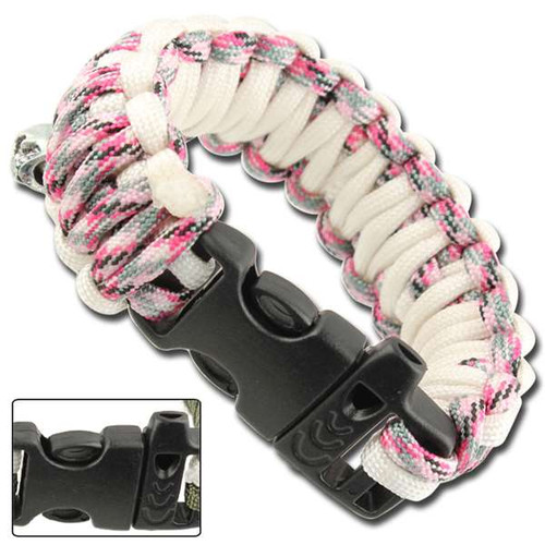 Skullz Survival Whistle Paracord Bracelet- Pink Camo & White