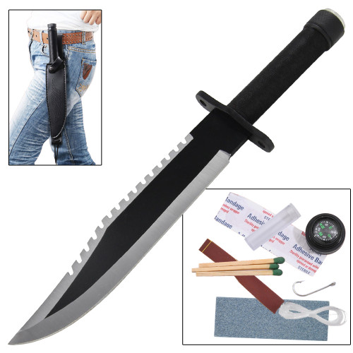 Black Survival Knife with Dual Grit Sharpening Stone