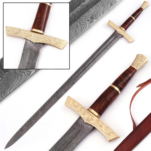 Elite Duelist Damascus Sword Floral Engraved Brass Guard and Pommel Leather Sheath Included