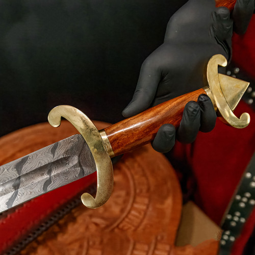 Carolingian Revival Forged Damascus Sword Triangle Brass Pommel Leather Sheath Included