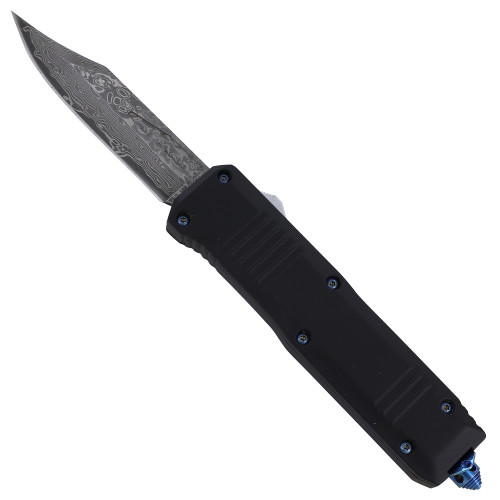 Aura of Death Damascus Steel Automatic Dual Action OTF Knife – Clip Point Blade, Blue Accents