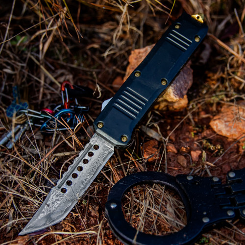 Damascus Steel Dual Action OTF Knife with Matte Black Handle & Gold Accents