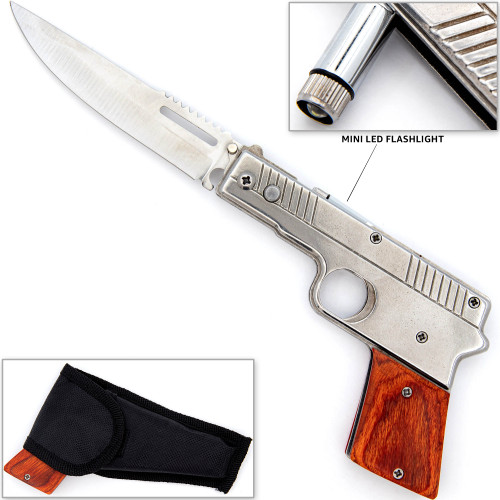 Stick Em Up Pistol Grip Switchblade Knife – Automatic with Belt Holster & Flashlight