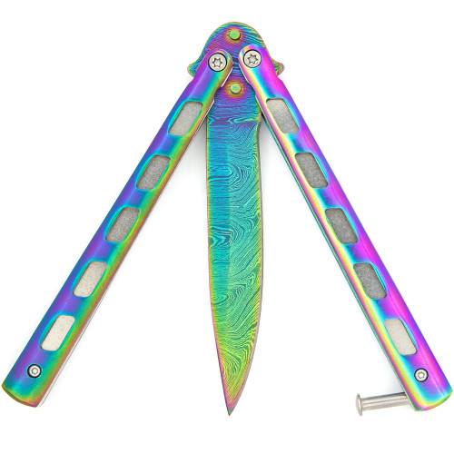 Rainbow Warrior Sunrise Butterfly Knife | Titanium Damascus | Drop Point | ABS Holder Included