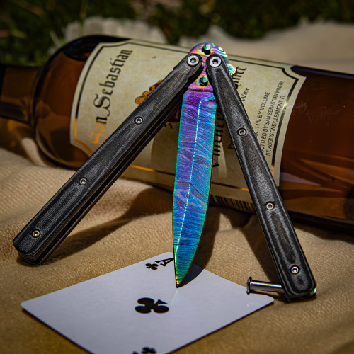 Micarta Simple Butterfly Knife | Titanium Damascus Drop Point Blade