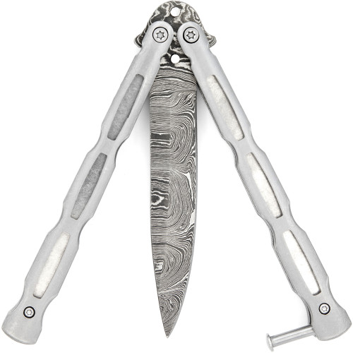 Unchained Balisong Butterfly Knife | Drop Point Damascus Handle | Silver Blade