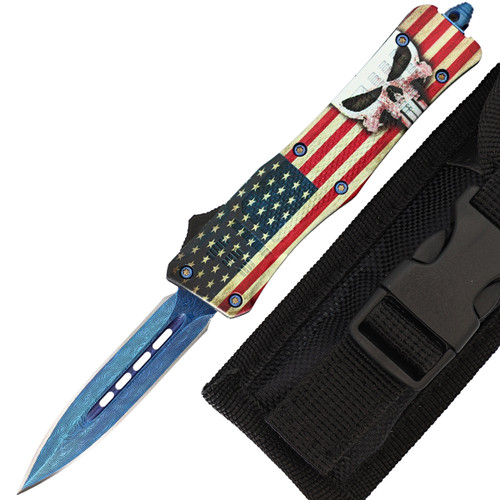 No Warning Damascus OTF Automatic Knife – USA Flag & Skull Design | Glass Breaker & Belt Clip