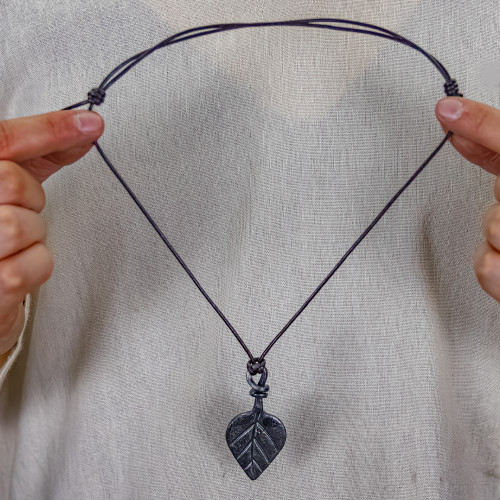 Prosperous Energy Forged Iron Verdant Leaf Pendant Adjustable Medieval Unisex Necklace Accessory w/ Leather Cord